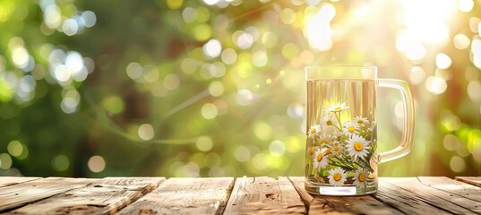 Beautiful daisies in a cup in the summer garden. Rural landscape natural background with daisy flowers in the sunlight. Summer, copy space. AI generated illustration