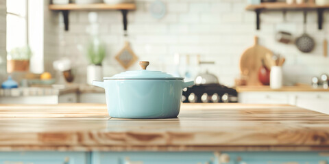 Fototapeta na wymiar Modern Kitchen Interior with Pastel Cookware. A contemporary kitchen scene featuring a stylish pastel blue pot on a wooden countertop with a backdrop of elegant kitchen appliances.