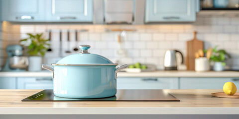 Fototapeta na wymiar Modern Kitchen Interior with Pastel Cookware. A contemporary kitchen scene featuring a stylish pastel blue pot on a wooden countertop with a backdrop of elegant kitchen appliances.