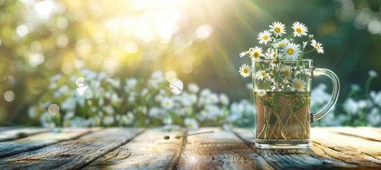 Photo sur Aluminium Kaki Beautiful daisies in a cup in the summer garden. Rural landscape natural background with daisy flowers in the sunlight. Summer, copy space. AI generated illustration