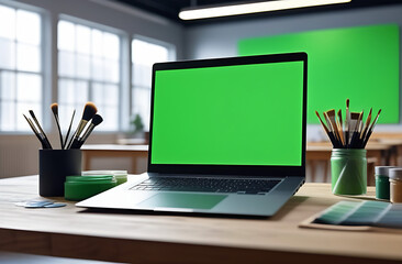 Fototapeta na wymiar Mockup image of laptop with blank green screen on wooden table in art workspace