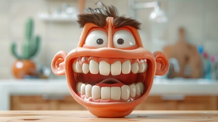 A cartoon character of a virus with big teeth. 3d illustration