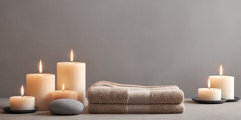 Spa still life with candles, towels and stones on grey background. - obrazy, fototapety, plakaty