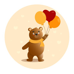 Сute character brown bear stands with red and orange balloons, and with heart. Hand drawn vector illustration. Сhildren's mother's day card. Greeting card for Valentine day.