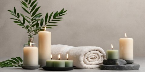 Fototapeta na wymiar Spa still life with candles, towel and plants on grey background.