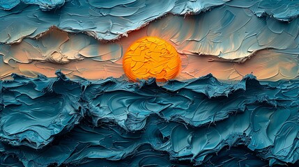 A modern artwork that captures the essence of a golden sunrise over a tumultuous sea, abstract oil painting.  - obrazy, fototapety, plakaty