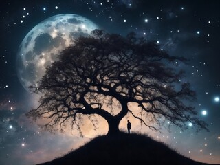 "Moonlit Tranquility: Serene Landscape with Tree Silhouette"