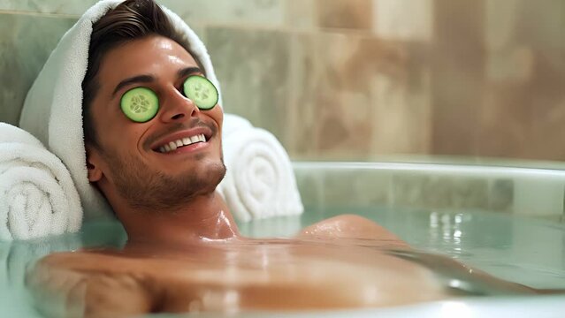 Happy man taking bath with cucumber mask