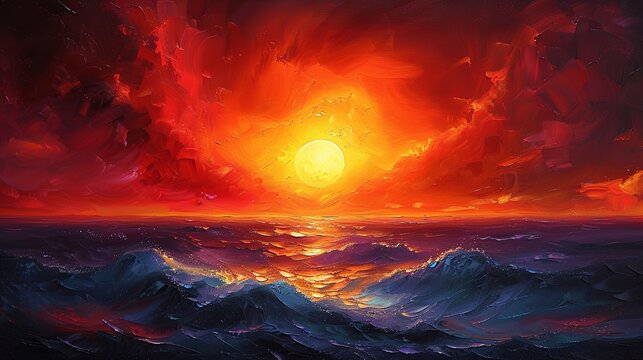 A modern artwork that captures the essence of a golden sunrise over a tumultuous sea, abstract oil painting. 