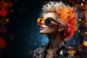 Models in dynamic collage art style, featuring vibrant hair colors and trendy sunglasses