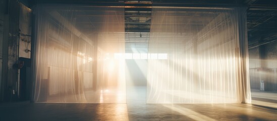Sunlight passing through plastic curtains in a factory entrance. - obrazy, fototapety, plakaty