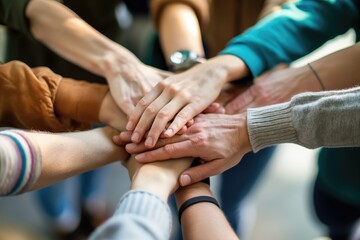 A group of people with their hands together. Business teamwork and support