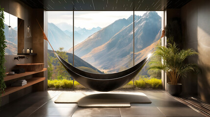 Bathroom in eco-friendly style. Carbon fiber hammock-shaped bathtub. View of the mountains from the bathroom