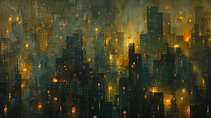 An abstract representation of a bustling cityscape at dusk, where the buildings are rendered in broad, confident strokes of oil paint. 