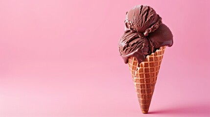 A scoop of chocolate ice cream in a waffle cone against a pink background.