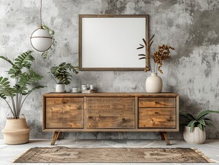 Wooden cabinet, dresser against concrete wall with empty blank mock up poster frame with copy space. Rustic home interior