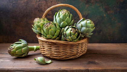 A wicker basket filled with fresh green artichokes rests on top of a wooden table in the kitchen