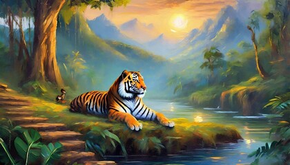 tiger in the water - obrazy, fototapety, plakaty