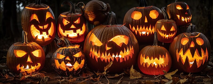 illuminated carved pumpkins with different evil faces in darkness at Halloween night