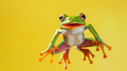 An Amazonian tree frog leaps high into the air, captured in vibrant action against a yellow background, showcasing its agile motion