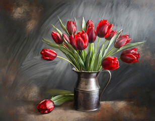 Oil painting of red tulip flowers arrangement in a matel vase