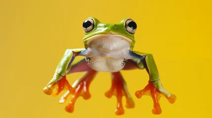Deurstickers An Amazonian tree frog leaps high into the air, captured in vibrant action against a yellow background, showcasing its agile motion © Stacy