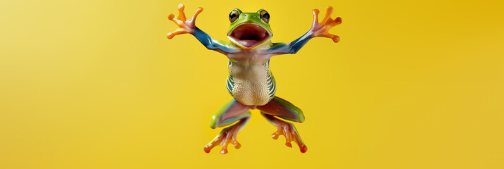 An Amazonian tree frog leaps high into the air, captured in vibrant action against a yellow background, showcasing its agile motion