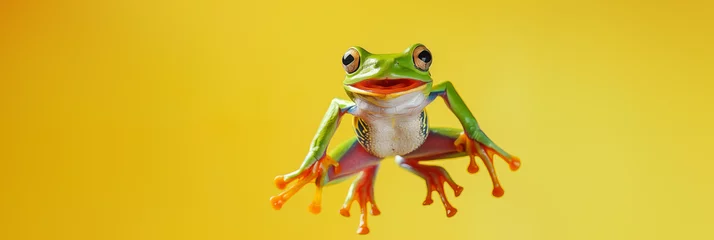 Fotobehang An Amazonian tree frog leaps high into the air, captured in vibrant action against a yellow background, showcasing its agile motion © Stacy