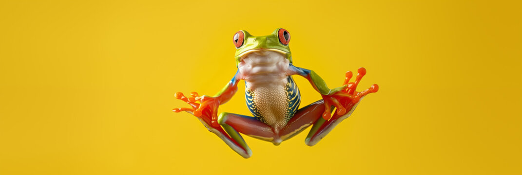 An Amazonian tree frog leaps high into the air, captured in vibrant action against a yellow background, showcasing its agile motion