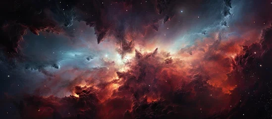 Deurstickers An artistic representation of a vibrant nebula in the vast expanse of space, filled with colorful clouds and celestial objects glowing with heat and energy © 2rogan