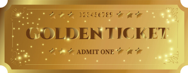 Golden ticket template for entry. Vector cinema ticket mockup (tear-off) with starry golden background. Useful for any festival, party, concert, cinema, birthday, entertainment show - obrazy, fototapety, plakaty