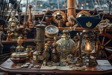 Fototapeta na wymiar marine set for adveturers, old map, compass, wood, brass equipment, telescope