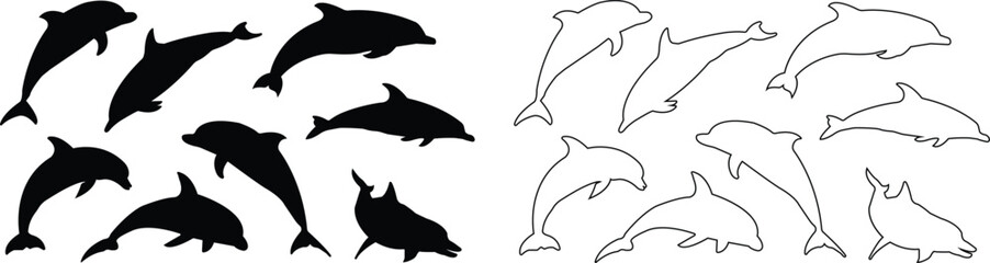 Fish icons set showing aquatic animals with various fins, scales, tails and gills swimming in water. Design element for logo, label, sign. Black flat or line vector isolated on transparent background