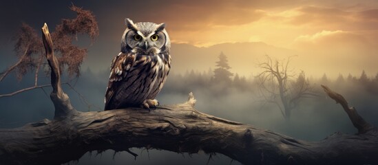 A bird of prey, the owl, perches on a tree branch in the midst of a lush forest. Its sharp beak and...