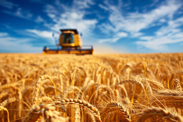 Wheat field and blurred combine harvester in a distance. Harvesting concept - 761715954