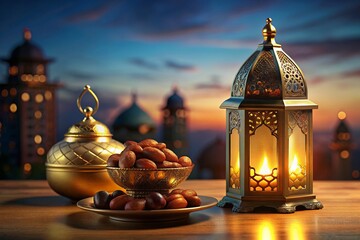 Ramadan Kareem iftar with dates. Ramadan lantern evening lights.