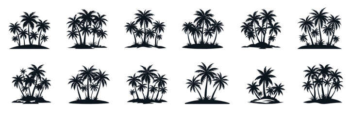 Collection of palm tree island silhouette. Hand drawn vector art. - obrazy, fototapety, plakaty