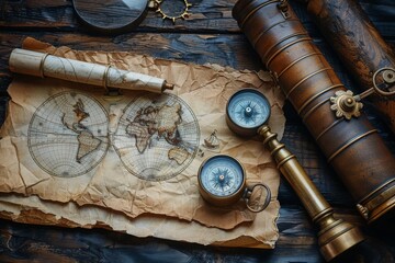 marine set for adveturers, old map, compass, wood, brass equipment, telescope