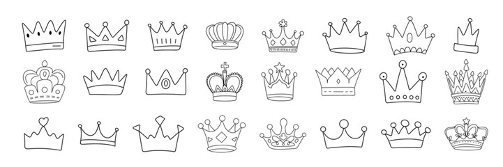 Collection of crown in doodle style. Hand drawn vector art. - obrazy, fototapety, plakaty