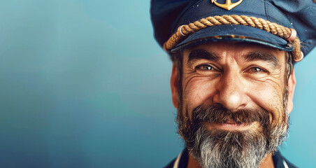 A man with a captain's hat on and a big smile, is wearing a blue hat. a ship skipper wearing a captains hat with a very happy look on his face, anchor symbol on hat, completely color background