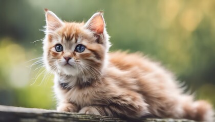 Naklejka na ściany i meble Cute orange tabby kitten sitting on a wooden surface with a soft-focus nature background