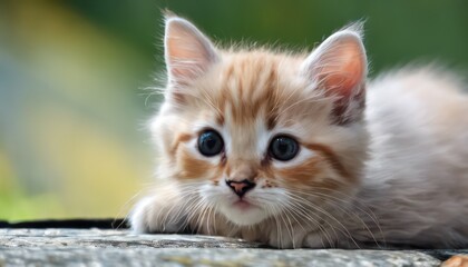 Fluffy orange kitten with big eyes outdoors