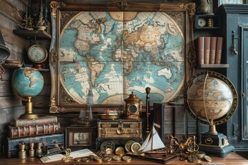 marine set for adveturers, old map, compass, wood, brass equipment, telescope