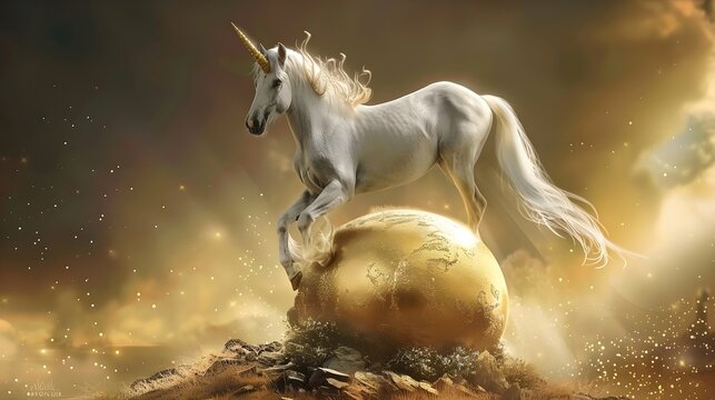 Birth of an unicorn, with unicorn emerging from golden egg