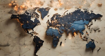 visually captivating series of image that symbolize the interconnectedness of the global business landscape. Start with a world map as the backdrop and overlay it with intricate interconnected network