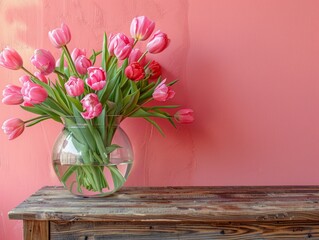 Wooden table with glass vase with bouquet of tulips flowers near empty, blank coral wall.
