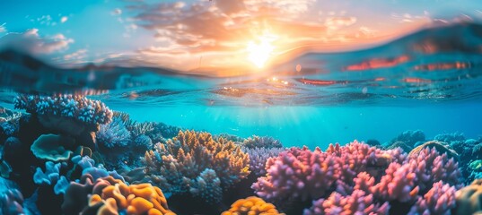 Split view of great barrier reef coral marine ecosystem at sunset in queensland, australia - obrazy, fototapety, plakaty