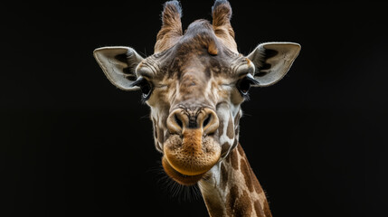 The majestic head of a giraffe stands out against a studio-lit black background, showcasing its unique pattern and graceful features