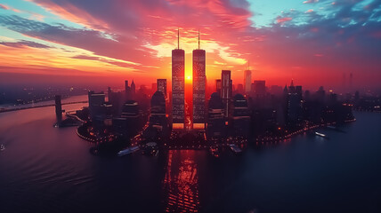 Illustration of New York City skyline with Twin Towers at night, cinematic color of World Trade Center named as Twin Towers, destroyed in September 11, 2001. - obrazy, fototapety, plakaty