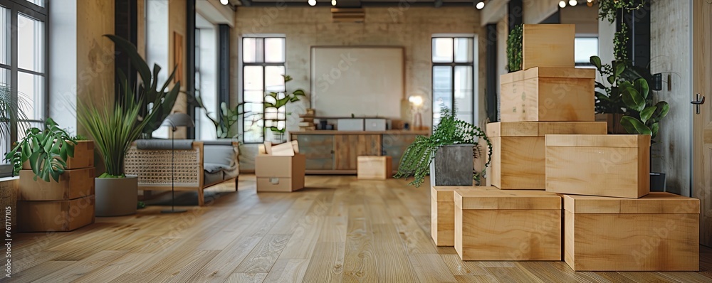 Poster In a contemporary apartment, an empty room stands filled with boxes and select pieces of furniture